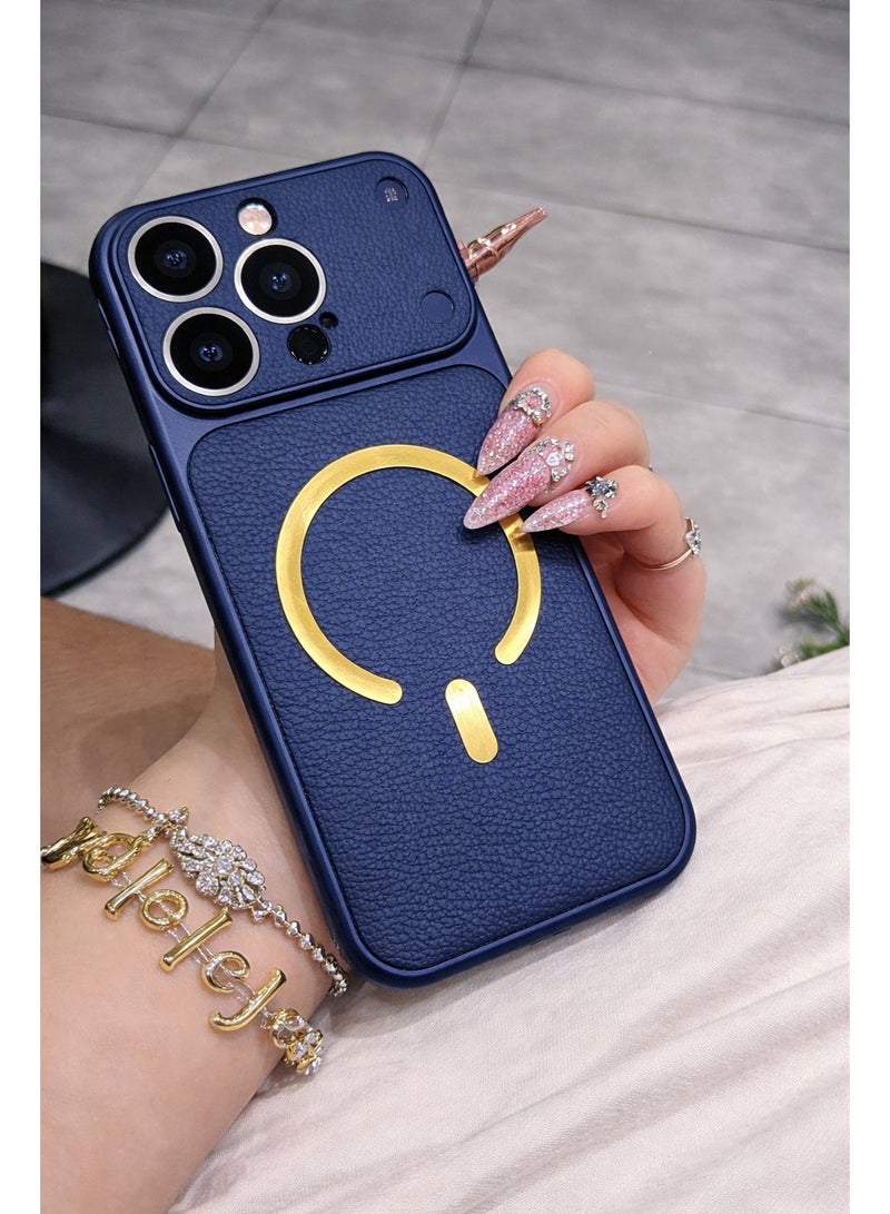 iPhone 16 Pro Max Magnetic Wireless Charging Case – Executive Navy Blue Leather Texture Cover with Gold Ring, Slim Shockproof Back, Premium Camera Protection - Image 1